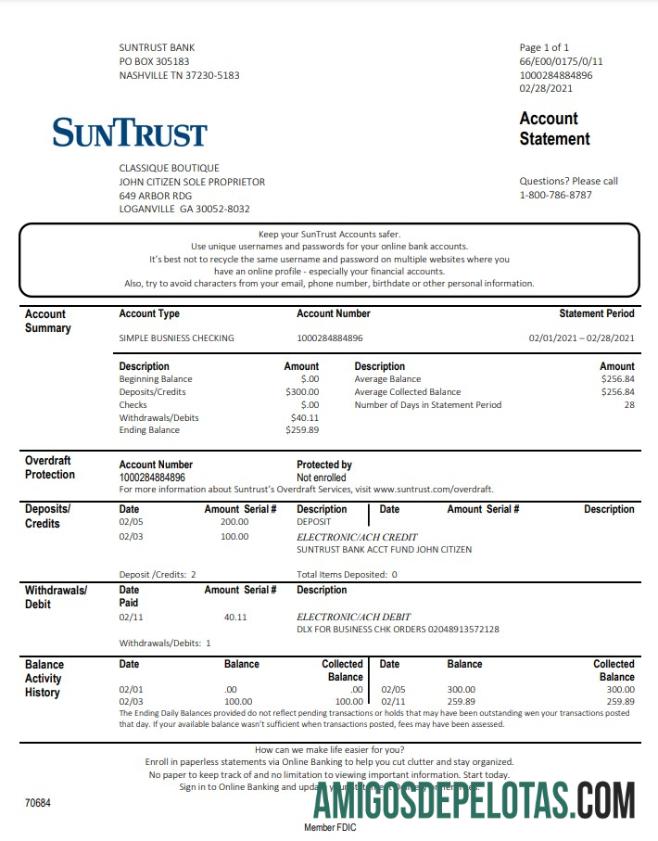 Modelo realista de declaração de comprovante de endereço do Georgia SunTrust Bank dos EUA em formato .doc e .pdf